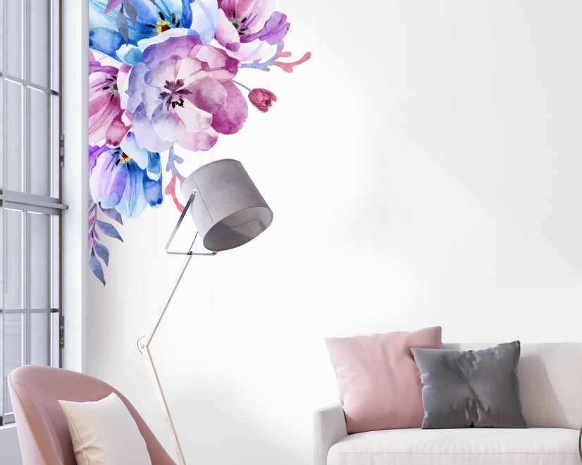 Watercolor Pink Blue Gardenia Floral Bouqets Wall Decal Sticker