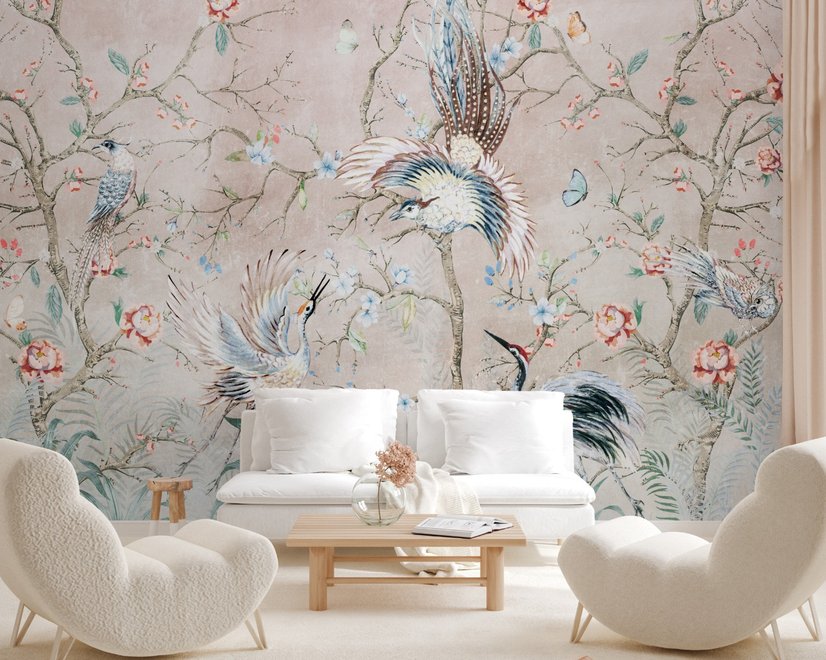 Chinoiserie-Pfingstrosenblüte mit chinesischen Vögeln Fototapete