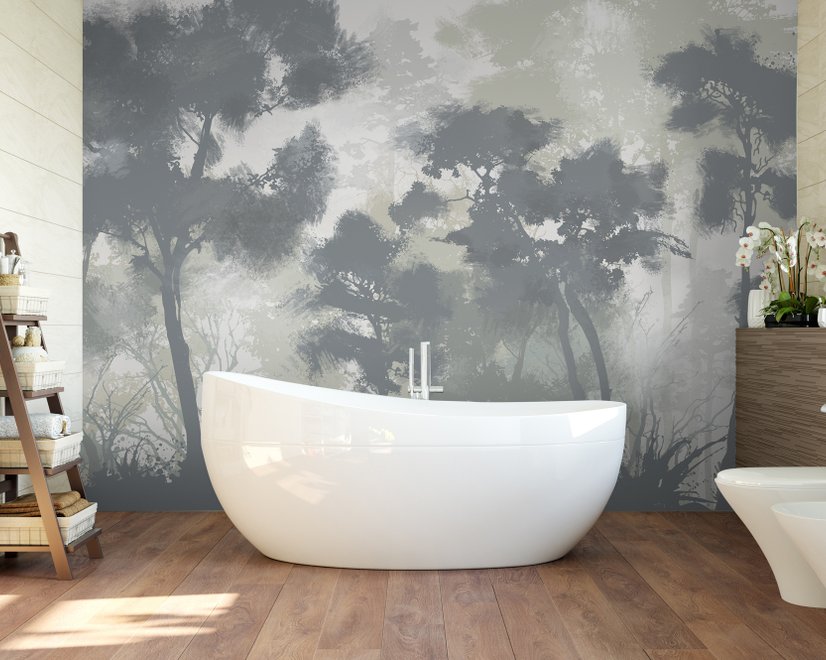 Monochrome Forest Silhouette Landscape Wallpaper Mural