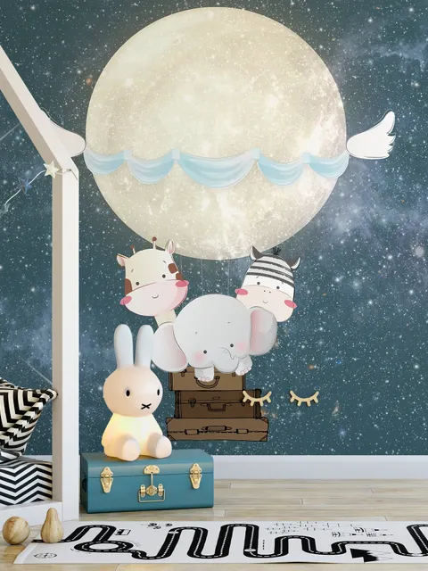 Kids Nightscape with Cow and Elephant Wallpaper Mural