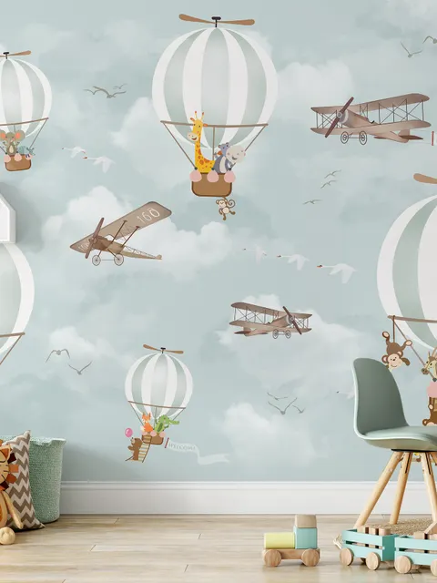 Montgolfière avec des animaux de dessin animé pour d'enfant papier peint panoramique