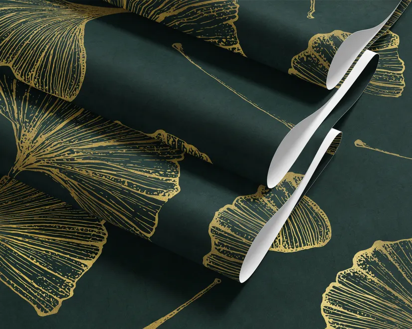 Dark green wallpaper with metallic antique-gold etched ginkgo leaves on a textured forest-green teal ground