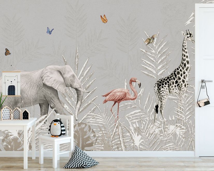 Papier peint animaux tropicaux feuilles enfants