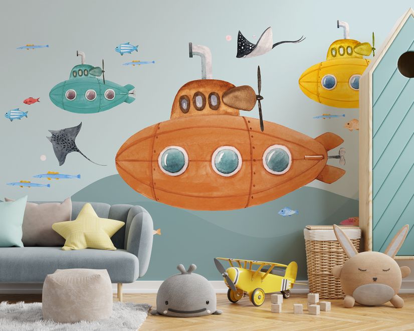 Kids Boys Watercolor Underwater with Submarine Wallpaper Mural
