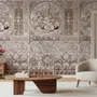 Antique wallpaper mural with Art Nouveau floral tile panels, sepia borders and blush botanical medallions