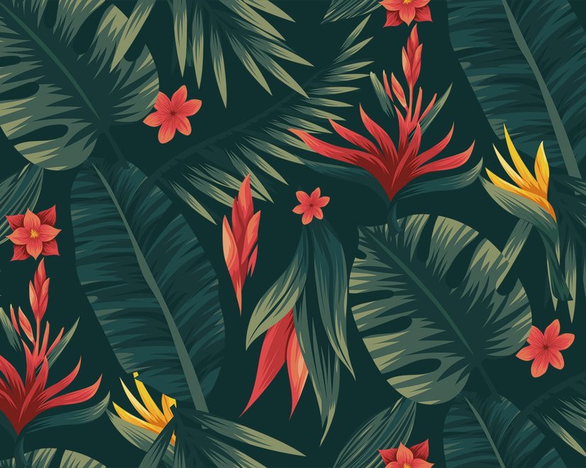 Rote Blüten- und Palmblatt-Fototapete