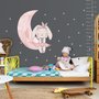 Stickers muraux lapin mignon aquarelle avec lune rose et petites étoiles pour enfants