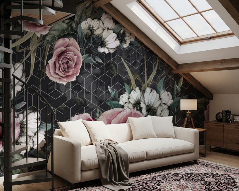 Papier peint panoramique floral coloré avec motif géométrique foncé