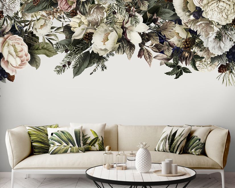 Retro Dark White Flowers Wallpaper Mural