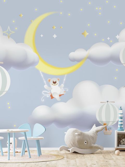Kinder Cartoon Wolke und Gelber Mond Fototapete