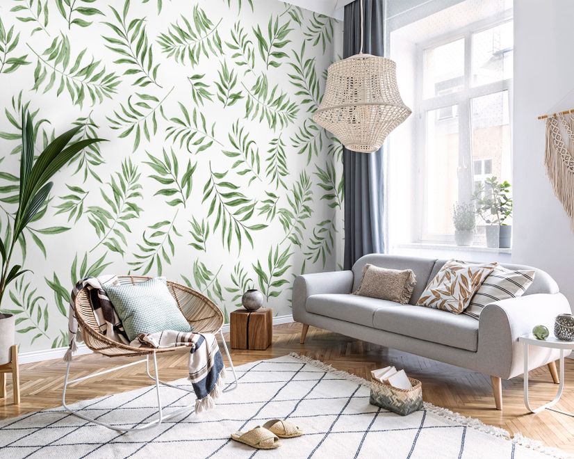Watercolor Green Palm Leaf Pattern Wallpaper Mural