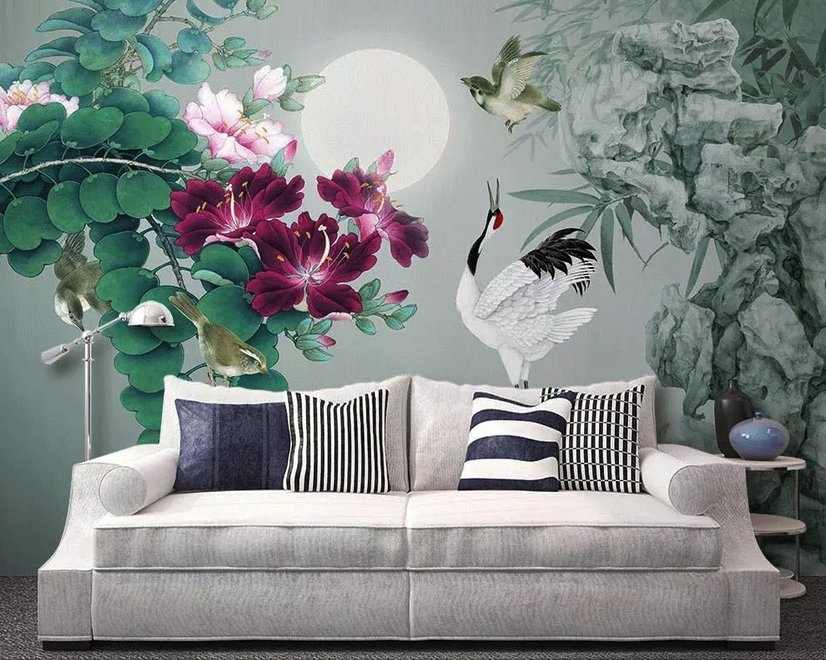 White Stork and Purple Flowers Wallpaper Mural