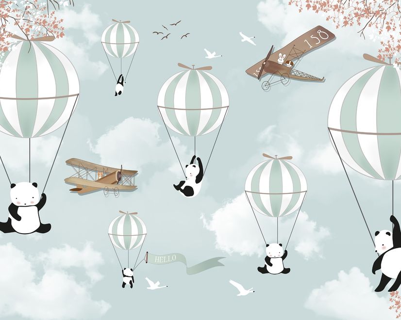 Papier peint Pandas de dessins animés et montgolfières