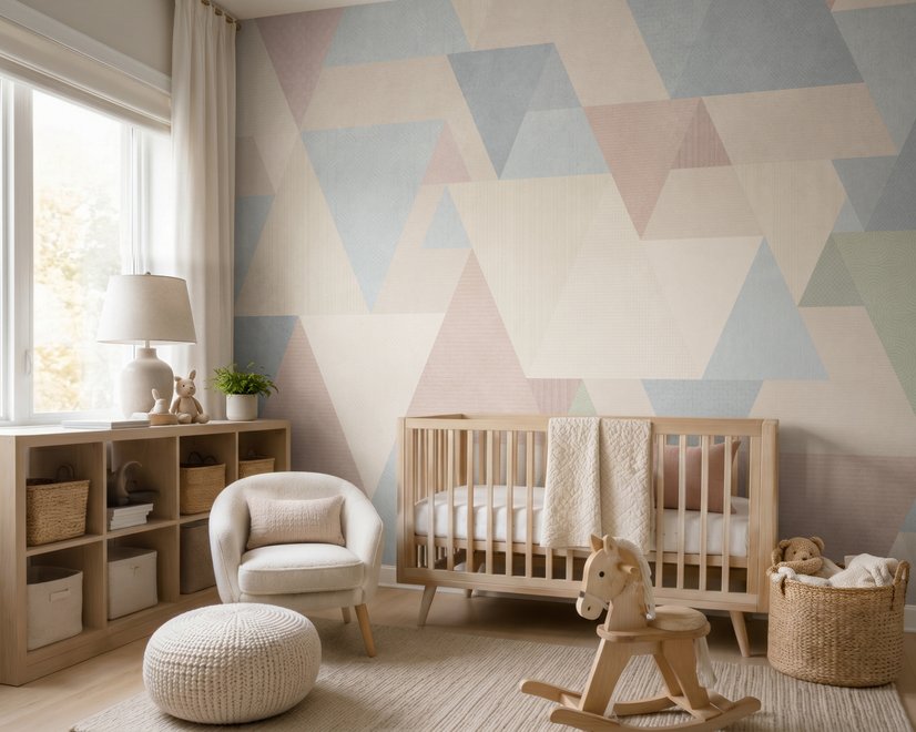 Pastel abstract wallpaper with overlapping sky blue, blush, cream, sage and grey textured triangles