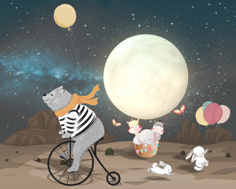Fototapete mit Cartoon-Bär und niedlichem Kaninchen mit Mond