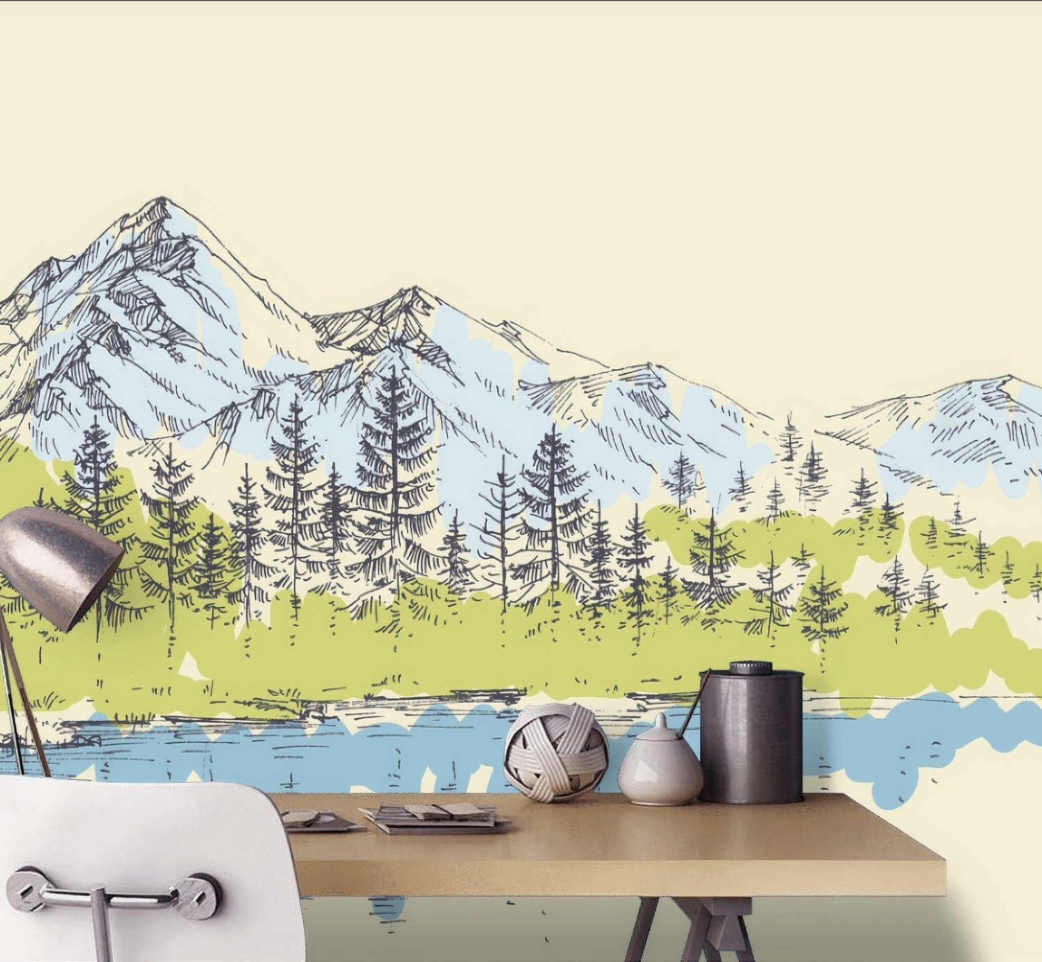 Charcoal Mountain Landscape with Lake and Pine Trees Wallpaper Mural - Peel and Stick