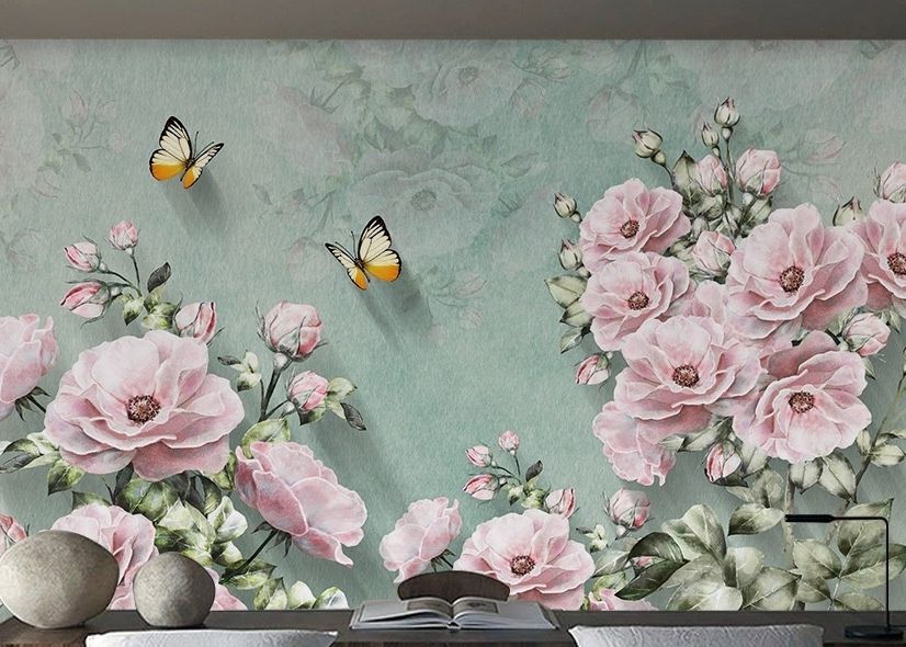 Vintage Pink Floral und Gelber Schmetterling Fototapete
