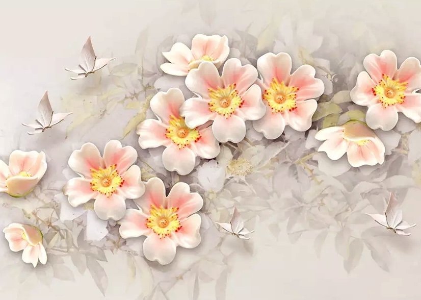 Fototapete mit Rosa Blume und Weißem Schmetterling