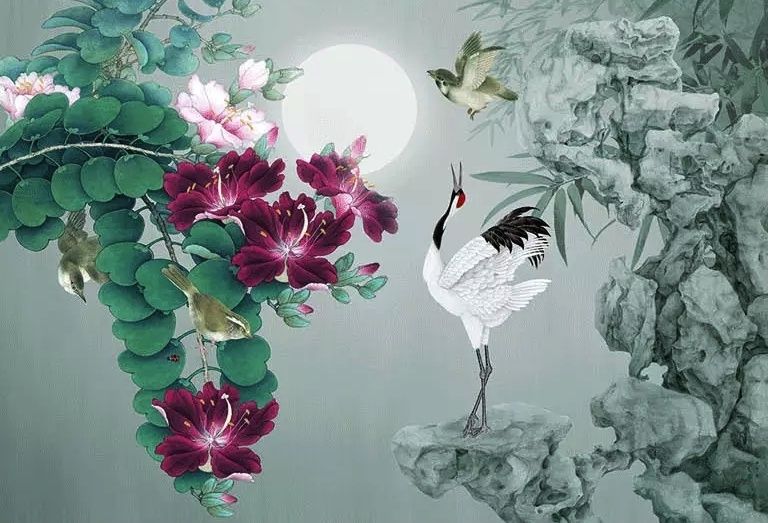 White Stork and Purple Flowers Wallpaper Mural