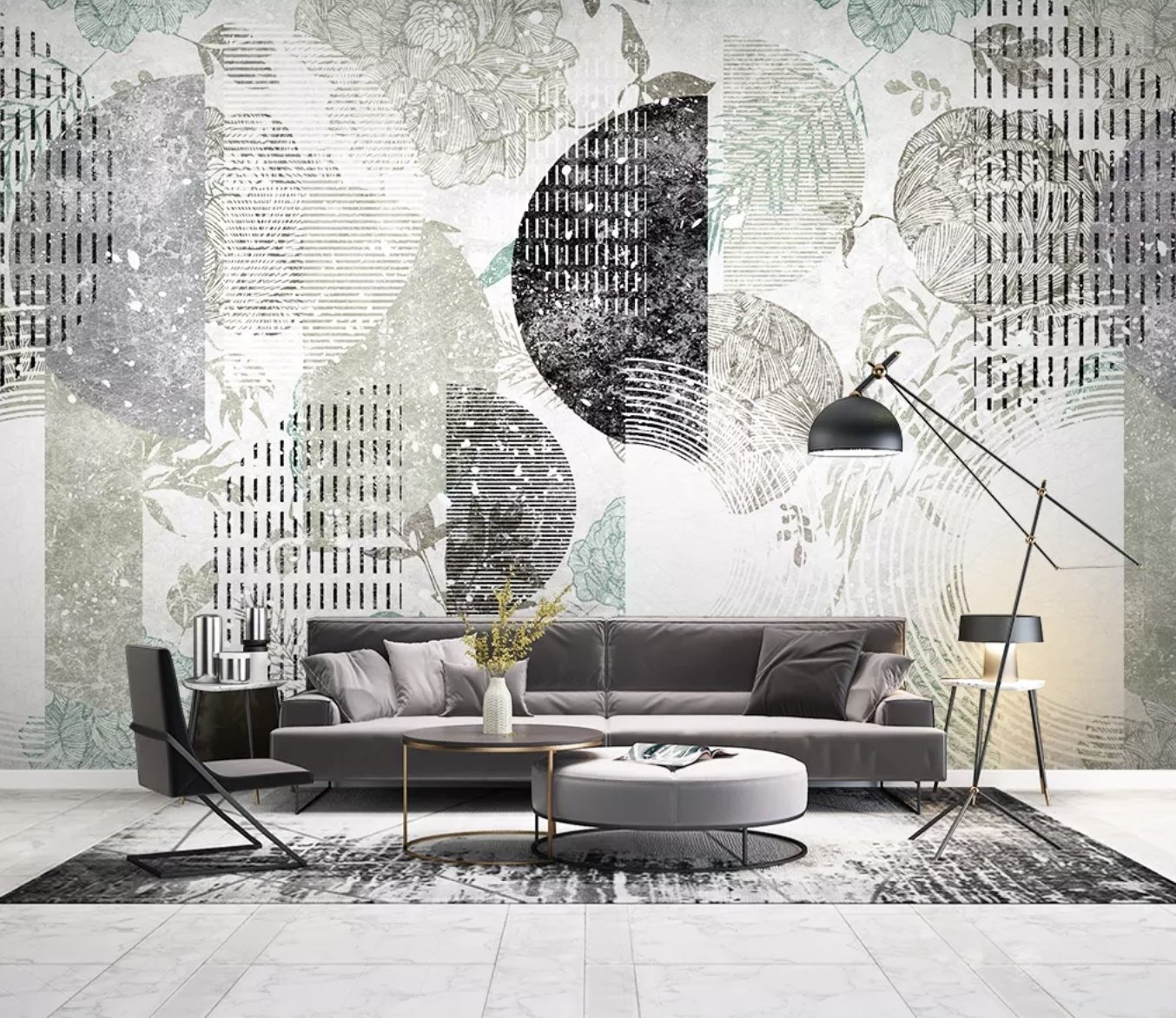 Geometric Pattern with Floral Wallpaper Mural - Peel and Stick