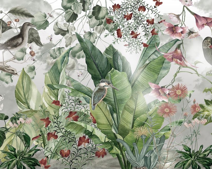 Papier peint panoramique forêt nostalgique fleurs colorées
