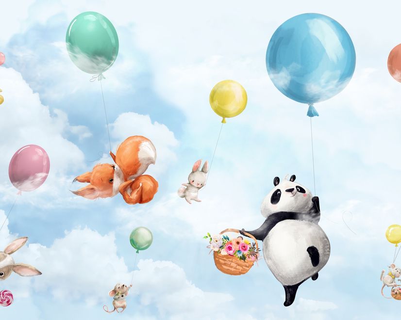 Cute Flying Panda & Animals Kids Nursery Wallpaper Mural