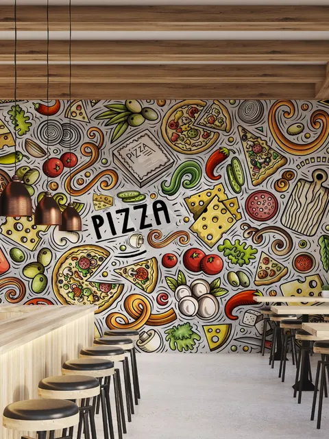 Cartoon Colorful Fast Foods and Pizza Wallpaper Mural