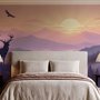 Stag mountain wallpaper with a navy deer silhouette, lavender pine ridges and a pale golden sun