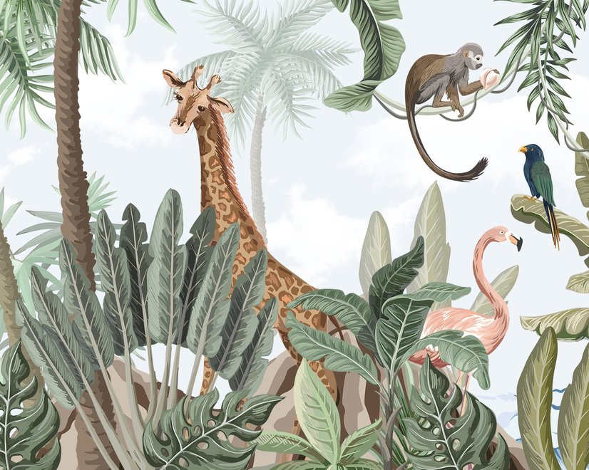 Kinderzimmer Fototapete Rosa Flamingo und Niedliche Giraffe Safari Tiere