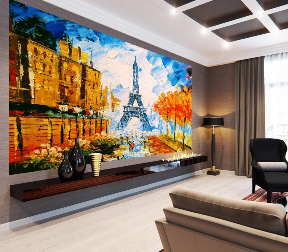 Oil Painting Eiffel Tower Landscape Wallpaper Mural - Peel and Stick