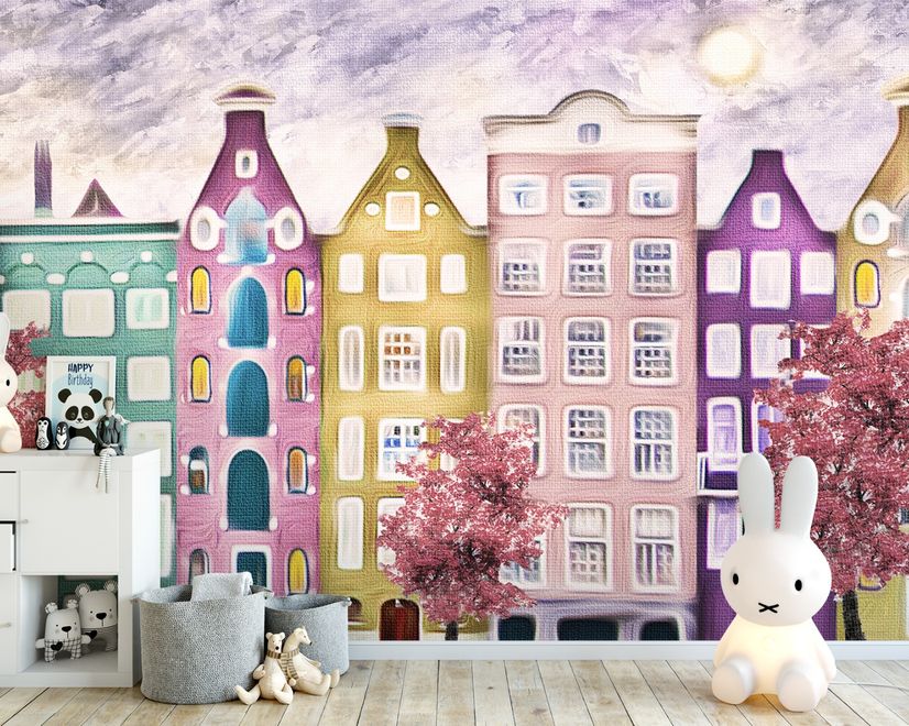 Dutch Style Colorful Houses and Red Trees Wallpaper Mural for Kids