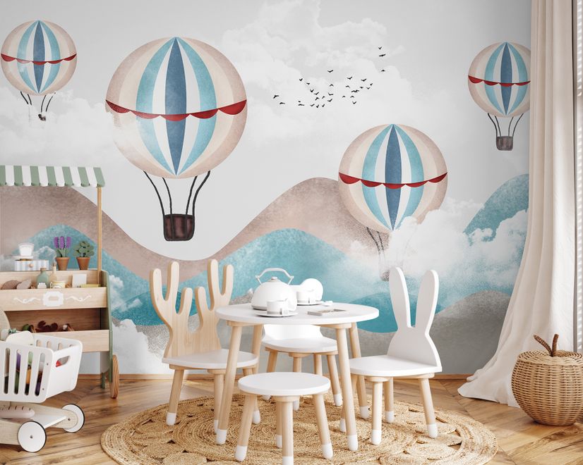 Kids Blue Brown Mountainscape with Hot Air Balloon Wallpaper Mural