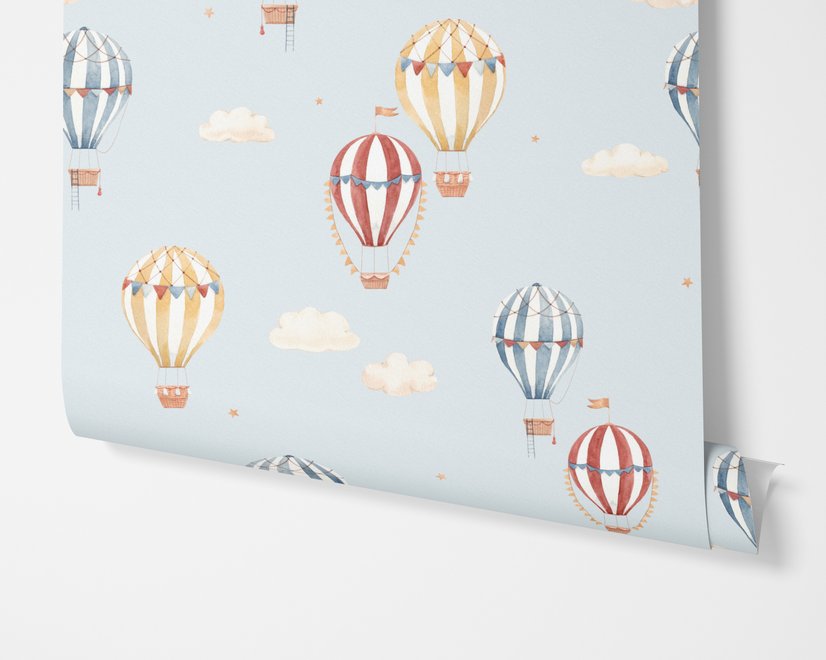 Hot air balloon wallpaper with watercolor balloons, ivory clouds and peach gold stars on pale powder blue