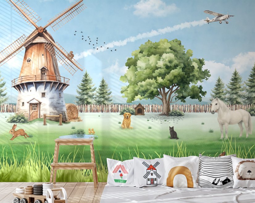 Cute Kids Windmill Farm Animals Wallpaper Mural