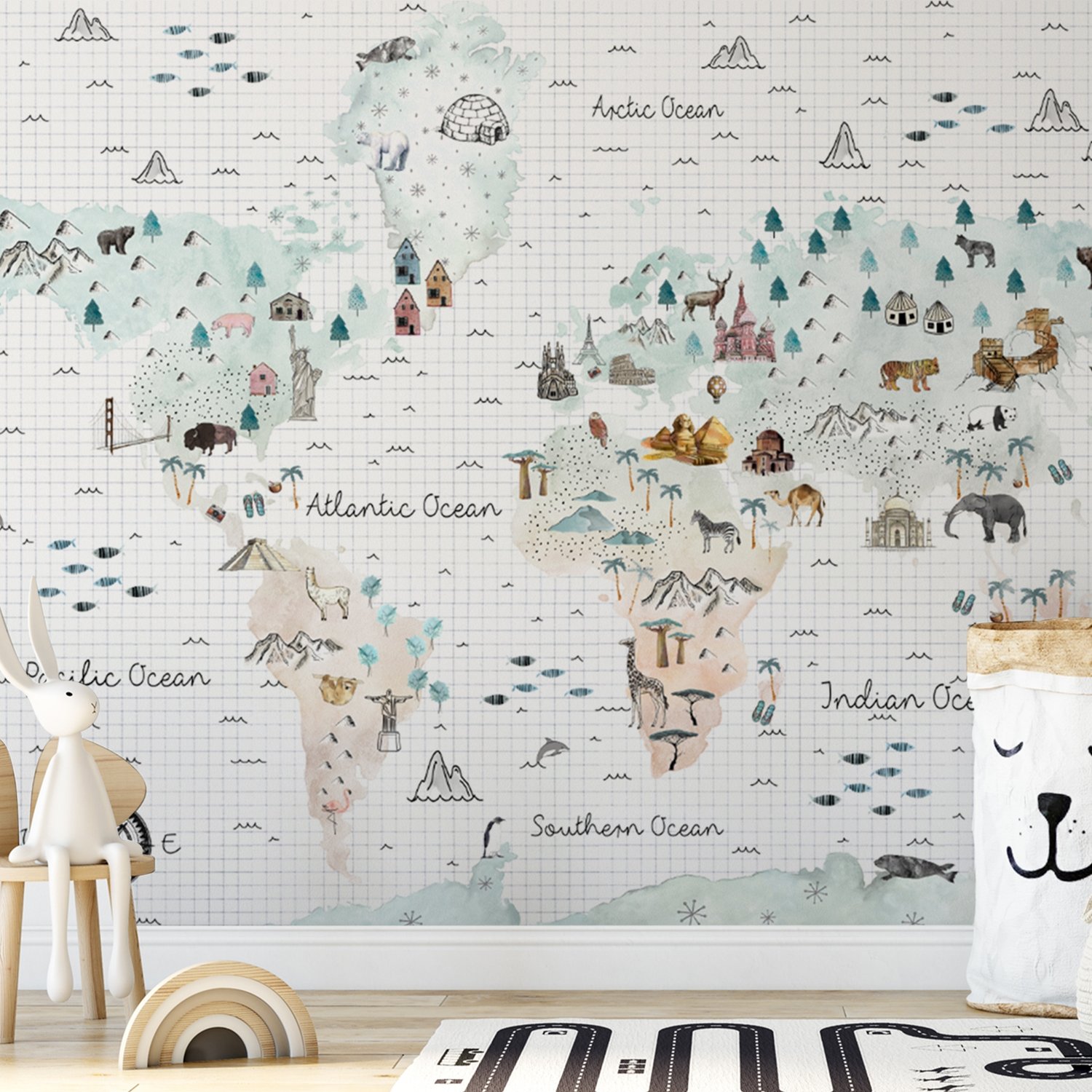 Kids Map with Little Animals Wallpaper Mural - Peel and Stick