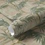 Vintage bamboo wallpaper with sage and smoky blue-green leaves on a warm taupe ground