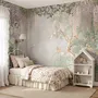Watercolour nature wallpaper with lilac wisteria, pale trees, sage foliage and small songbirds around a misty clearing