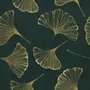 Dark green wallpaper with metallic antique-gold etched ginkgo leaves on a textured forest-green teal ground