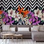 Papier peint panoramique fleurs colorées avec motif rayé noir et blanc