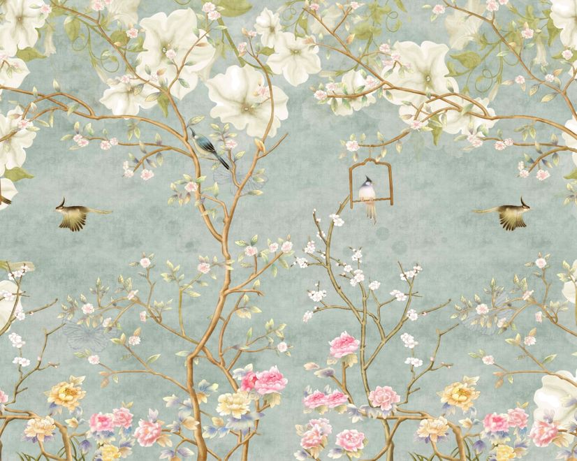 Soft Chinese White Florals with Birds Wallpaper Mural