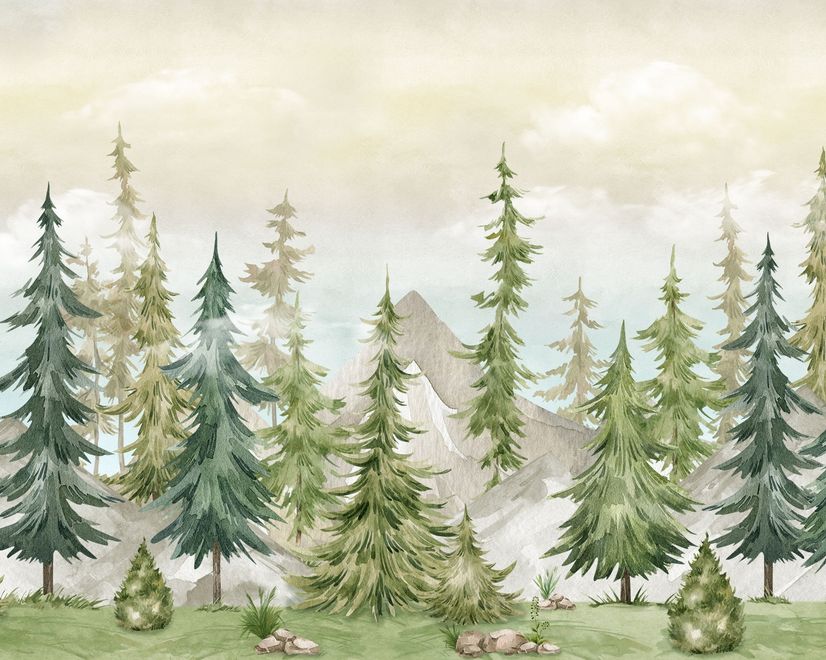 Watercolor Pine Tree Kids Nursery Forest Wallpaper Mural