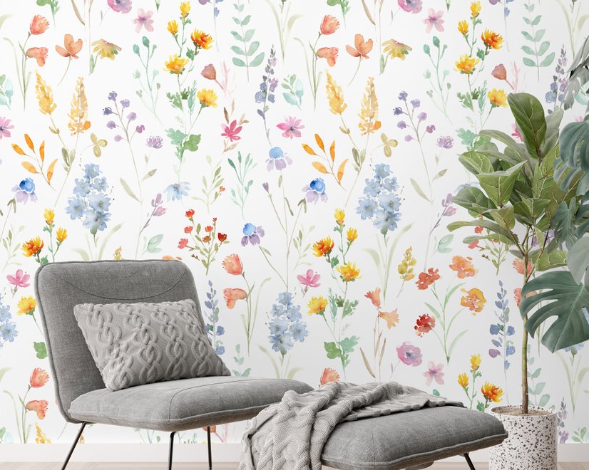 Papier peint panoramique aquarelle coloré fleurs sauvages botaniques