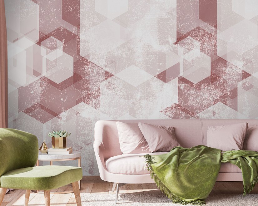 Papier peint panoramique abstrait à motifs géométriques de couleur rose