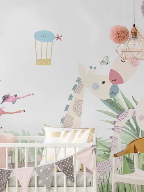 Papier peint panoramique de la chambre d'enfant, paysage tropical avec de jolies fillettes