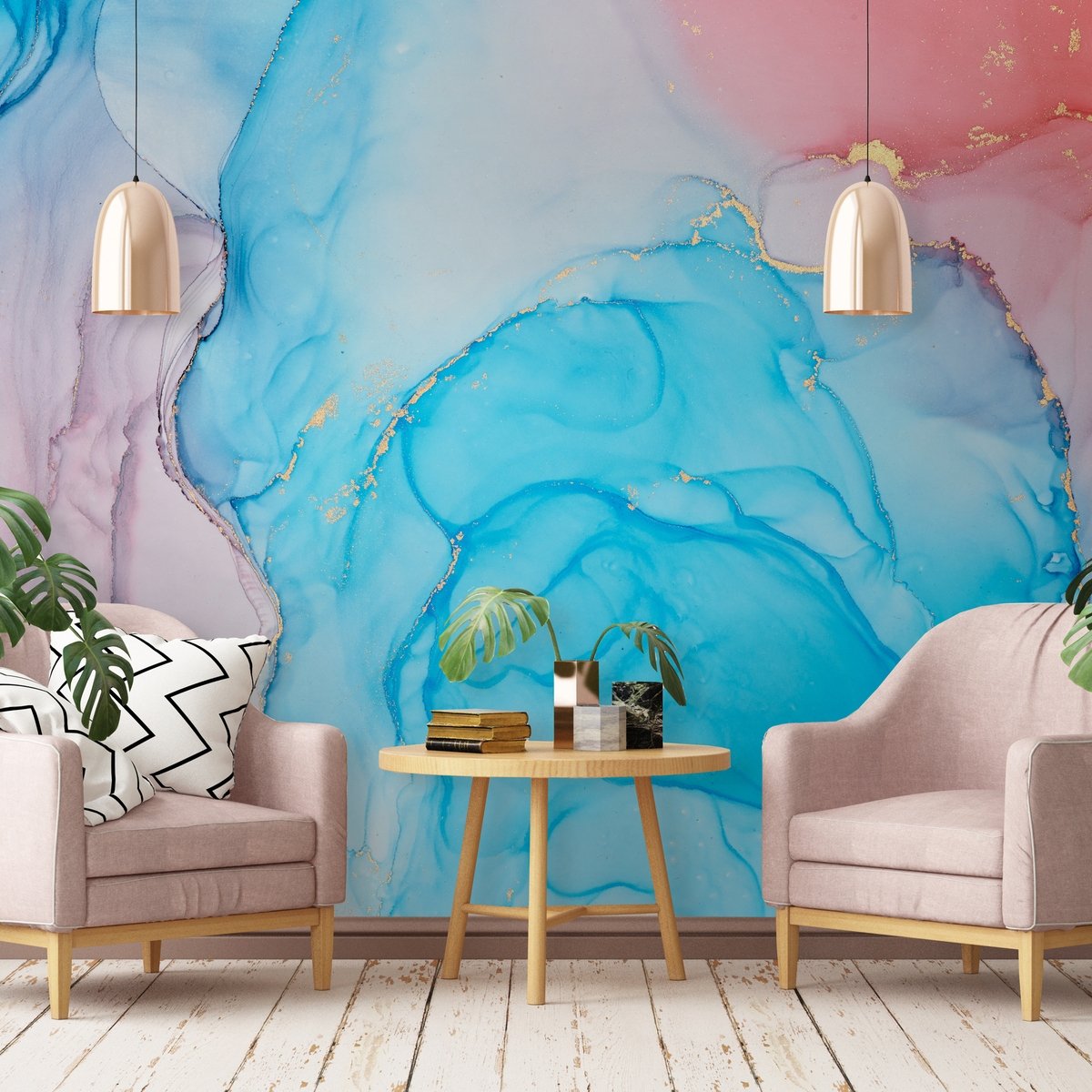 Blue Marble with Red Splash Wallpaper Mural - Peel and Stick