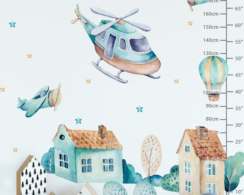 Kinder Cartoon Dorf für Jungen Wasserfarben Flugzeug und Heißluftballon Wandtattoo