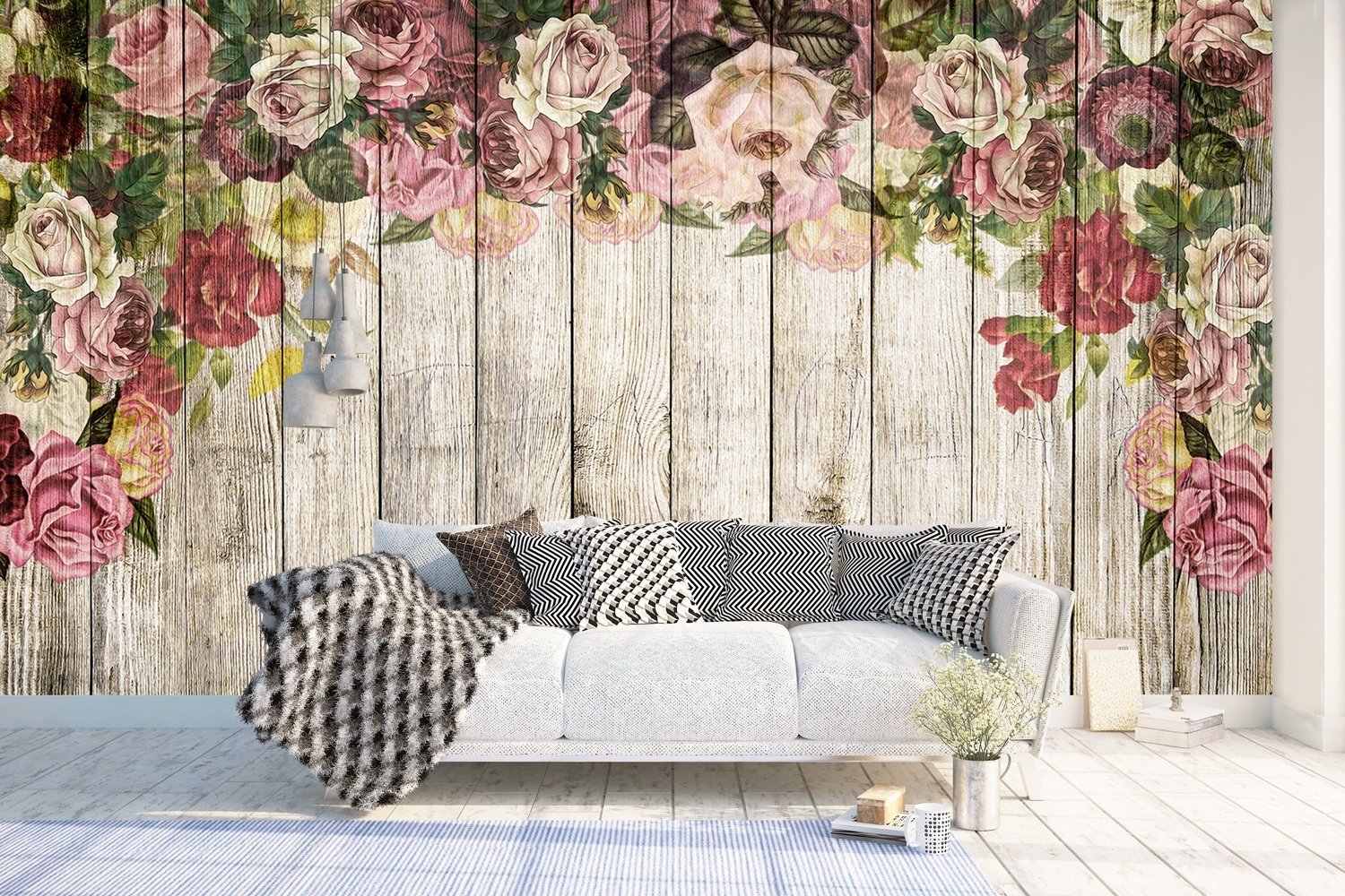Vintage Floral with Wood Wall Wallpaper Mural - Peel and Stick