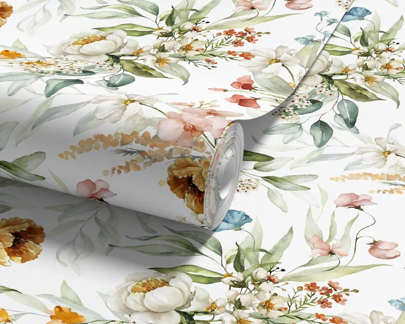 Watercolour floral wallpaper with sage leaves, blush and ochre flowers on a white ground