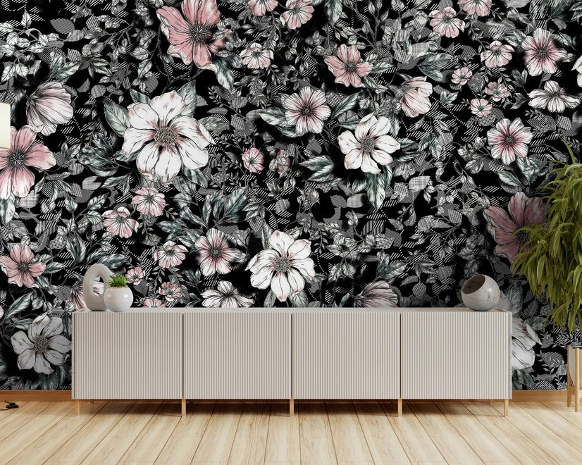 Dunkle Blumen mit Weißer Gänseblümchen-Fototapete