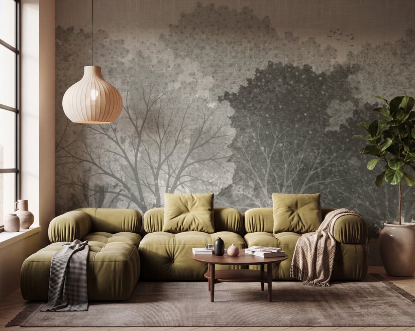 Light gray wallpaper mural with layered ink-wash woodland trees, falling leaves and birds